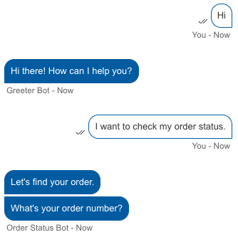 Previewing the conversation using the Messaging test page, specifically triggering the Order Status bot