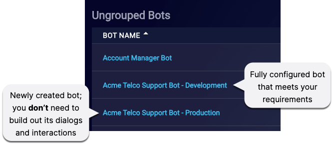 Two bots listed in the bot dashboard, one whose name has Development appended, and the other whose name has Production appended