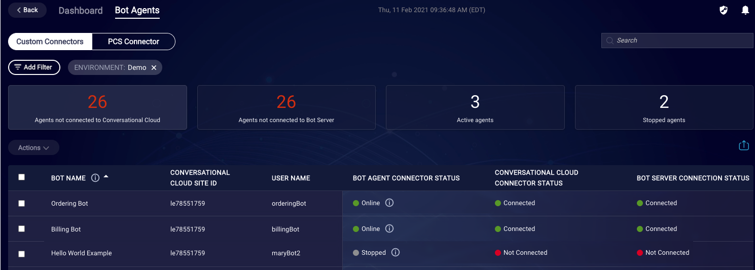 The Custom Connectors tab on the Bot Agents page in Bot Status