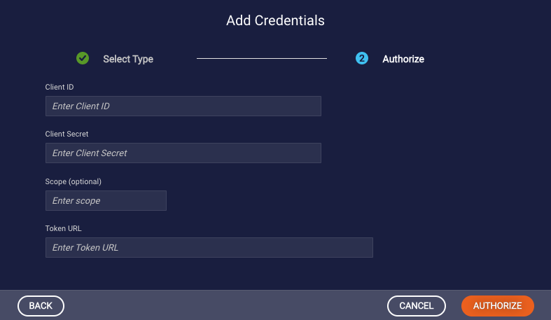 Add Credentials page when adding an OAuth 2.0 credential and setting the properties needed for the authorization process