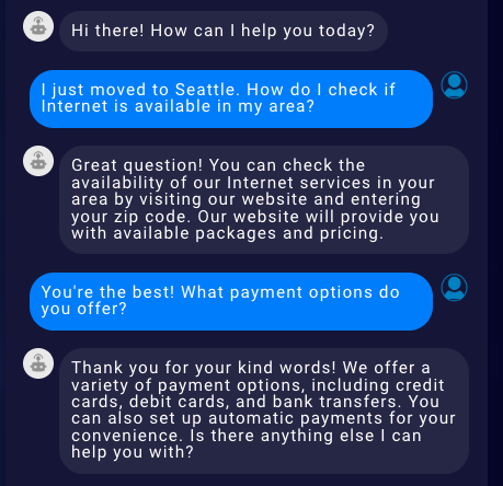An example of a bot conversing with a consumer, and the bot is sending enriched answers to the consumer