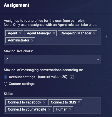 The Assignment settings where you assign profiles and skills