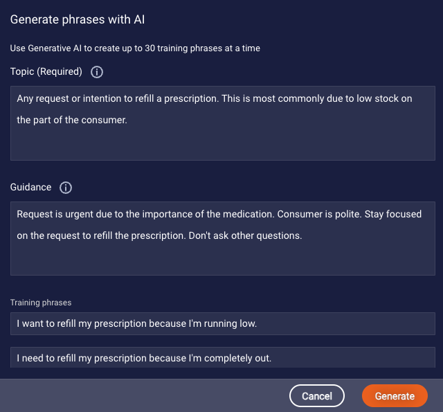 The window for building the prompt to generate phrases using AI