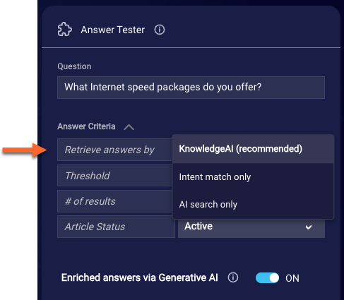 The list of search offerings in the Answer Tester