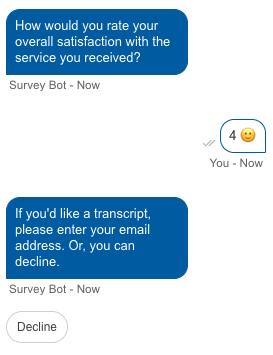 An example conversation with the consumer where the consumer is offered an emailed transcript