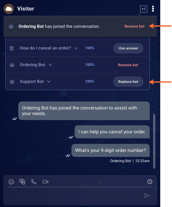 Remove bot and Replace bot options that are available when a bot is a part of the conversation
