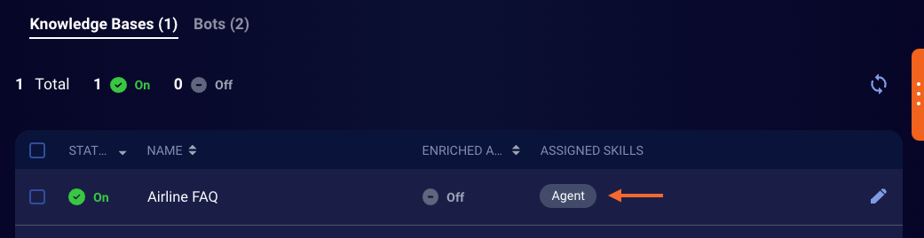 The Knowledge Bases tab under Recommendation Sources, showing the Airline FAQ knowledge base set to On and the Agent skill as an assigned skill