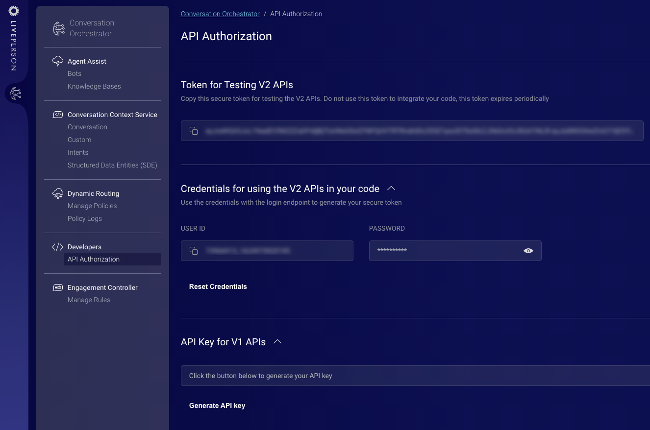 The API Authorization page where you can get credentials for the v2 and v1 APIs