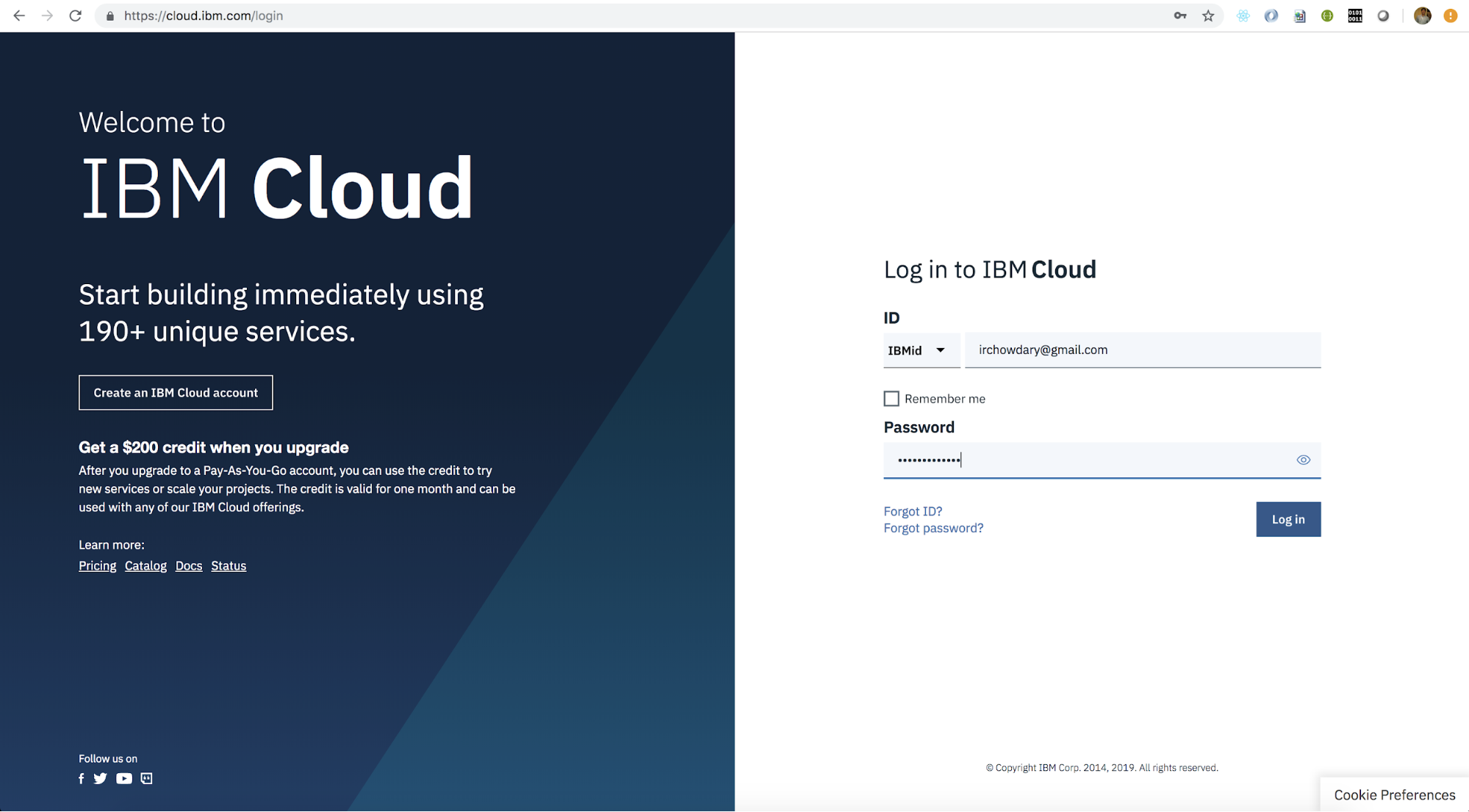 Page to log into IBM Cloud