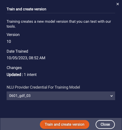 Train window, where you can select an NLU provider credential