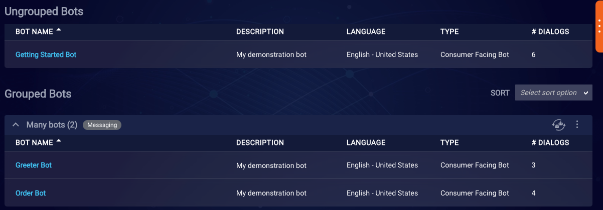The Order Bot within the Many bots group on the Bots dashboard