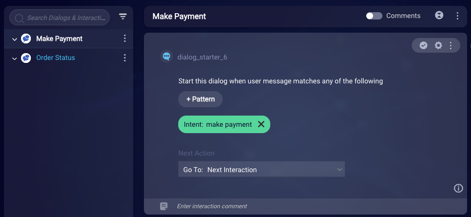 The Make Payment dialog with its associated make payment intent still assigned in the dialog starter