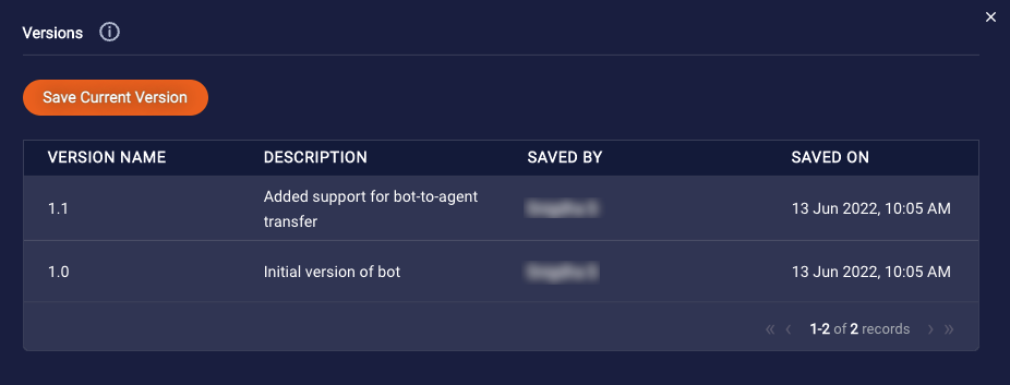 The Versions page, which lists the bot's versions