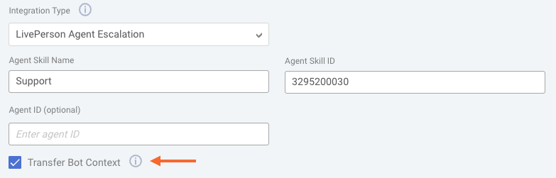 The Integration form to use to configure a LivePerson Agent Escalation integration, with the Transfer Bot Context setting both enabled and highlighted