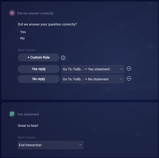The middle of the dialog flow, which includes a question to the consumer on whether their question was answered correctly