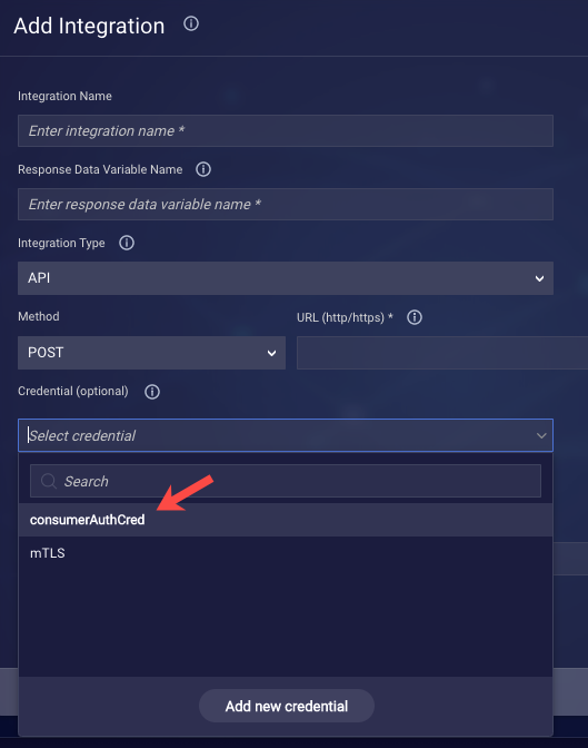 Selecting the Consumer Authentication credential in the integration's settings on the Add Integration window