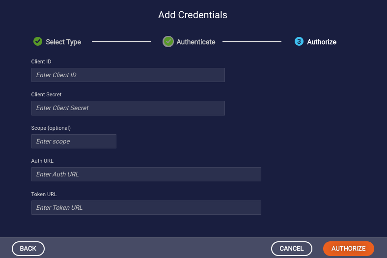Add Credentials page when adding an OAuth 2.0 credential and setting the properties needed for the authorization process