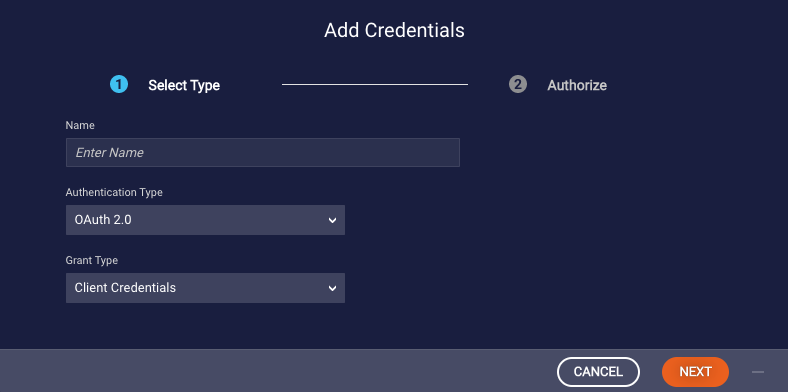 Add Credentials page when adding an OAuth 2.0 credential and selecting the authentication type
