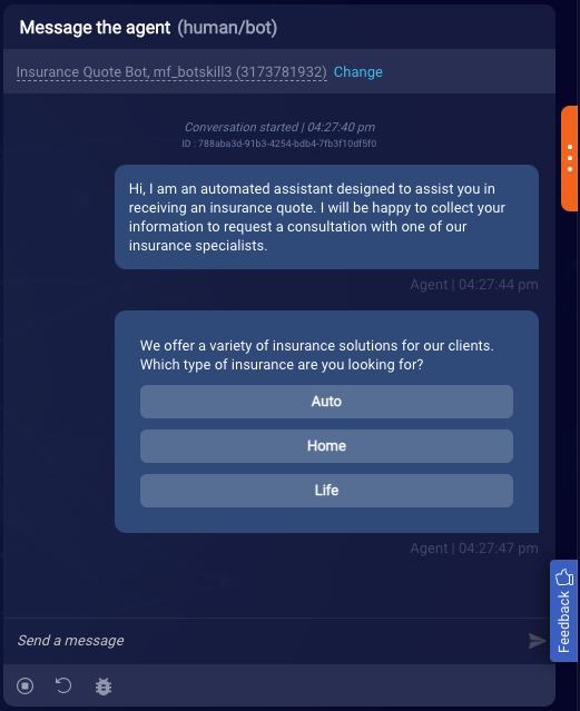 An example of a conversation in the Message the agent panel on the right