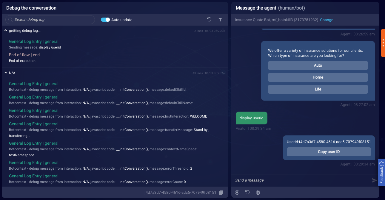 A view of the debugger and messaging panels side-by-side