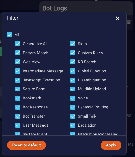 The list of filters available in Bot Logs