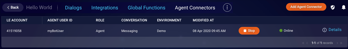 The Agent Connectors page for a bot, which shows the Start button for starting a connector