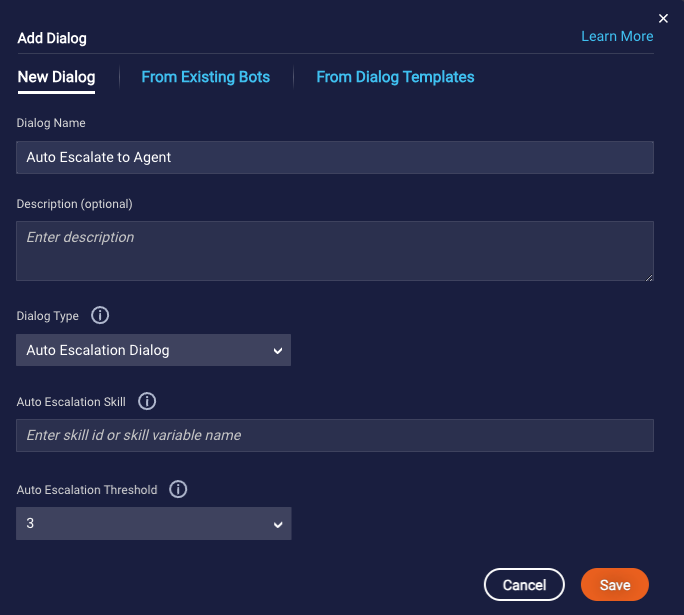 The New Dialog form for adding an Auto Escalation dialog to a messaging bot