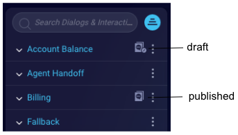 The Draft and Published indicators that are shown beside dialogs in the dialogs panel