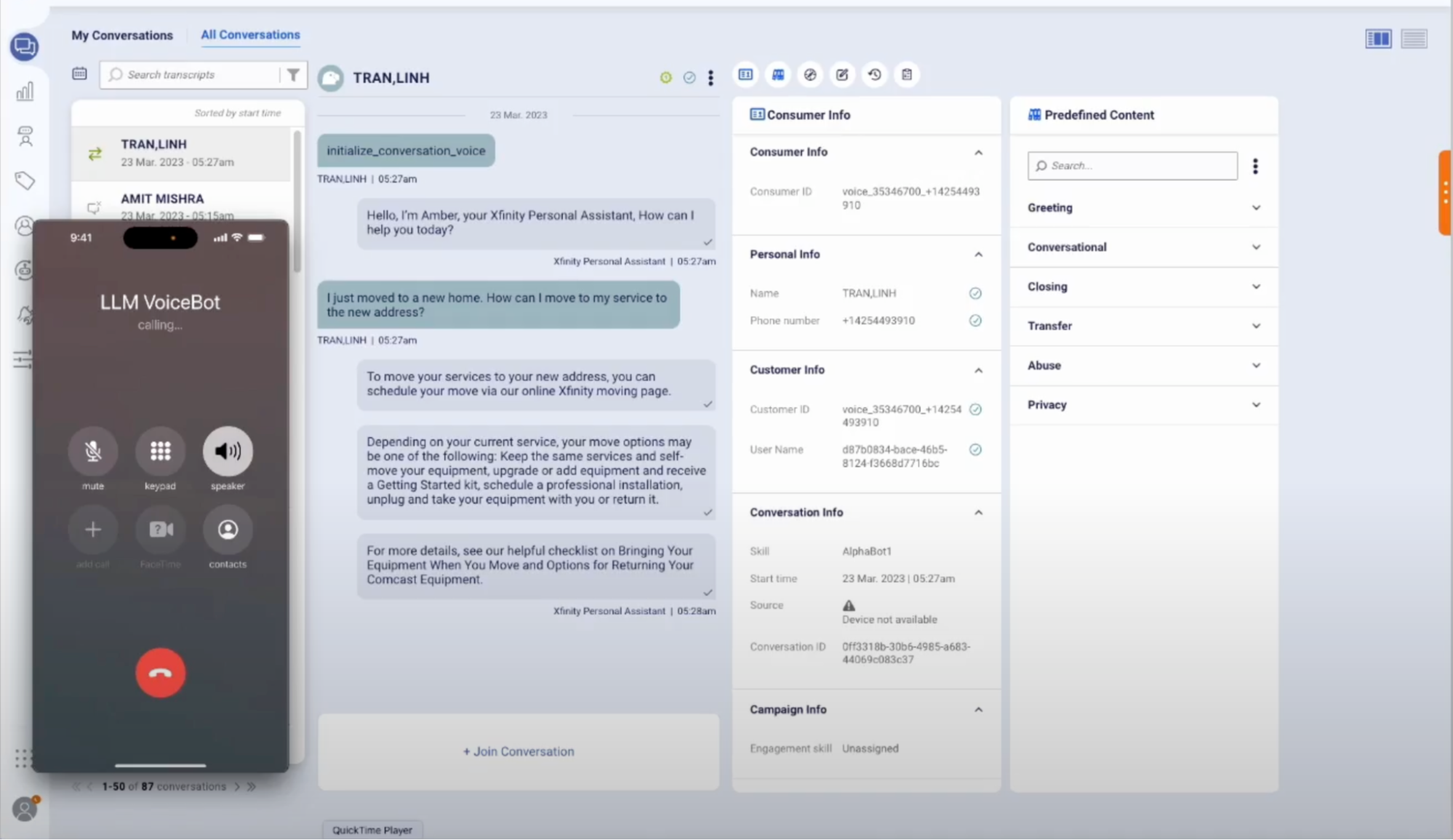 An example Voice bot in action, shown beside the Agent Workspace in Conversational Cloud