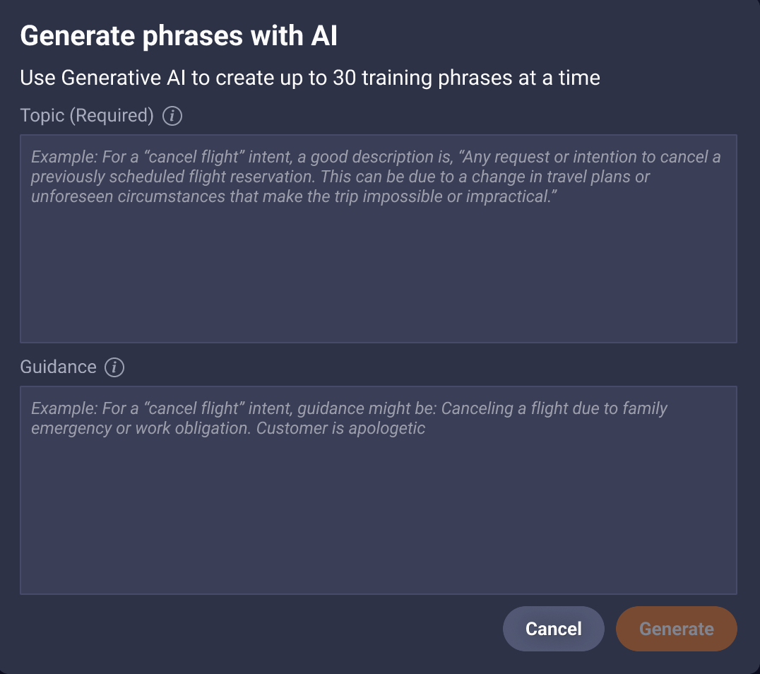 The Generate phrases with AI dialog in which you enter info
