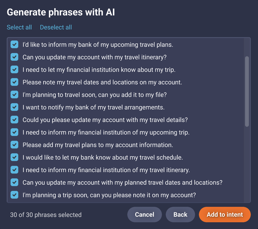 The Generate phrases with AI dialog in which you select the phrases to add to the intent