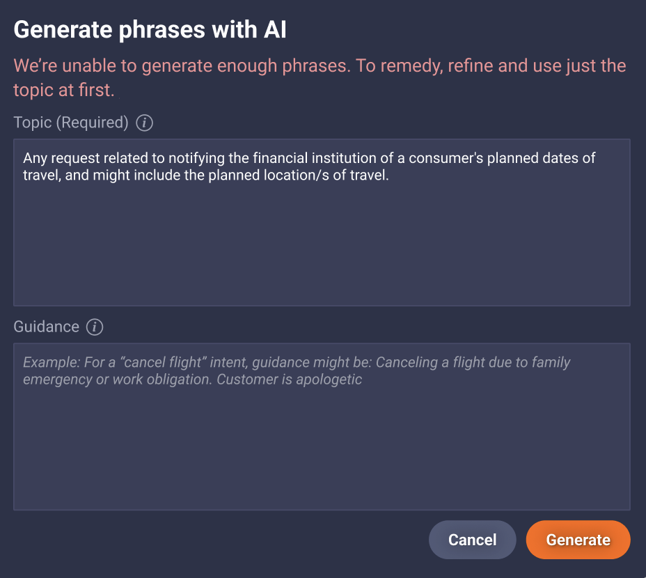 The Generate phrases with AI dialog showing an error where the tool was unable to generate phrases