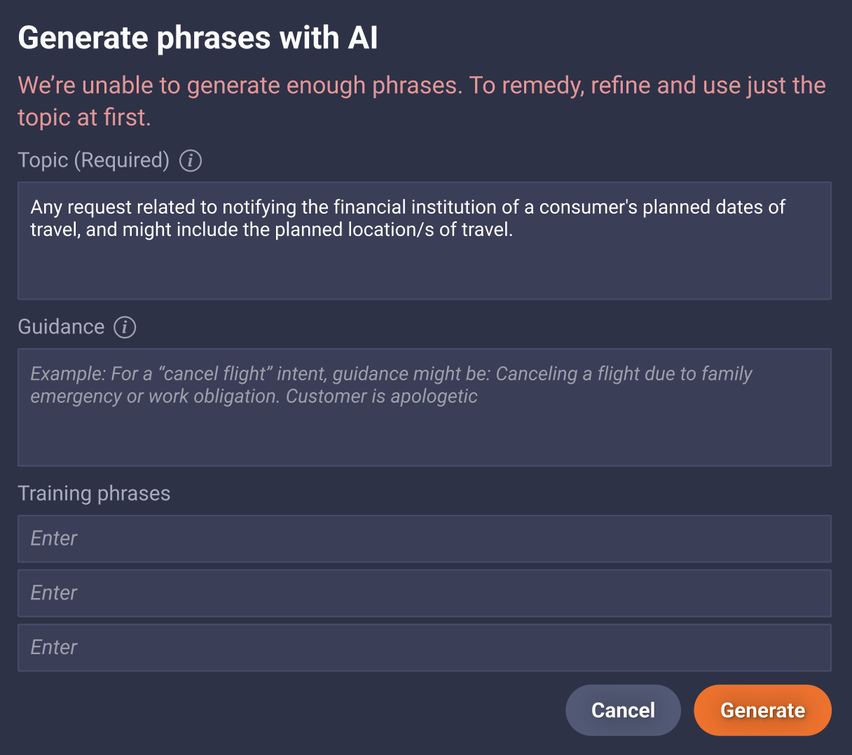 The Generate phrases with AI dialog showing three fields at the bottom for entering example phrases