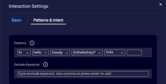 The Patterns and Intent tab in the Interaction Settings window