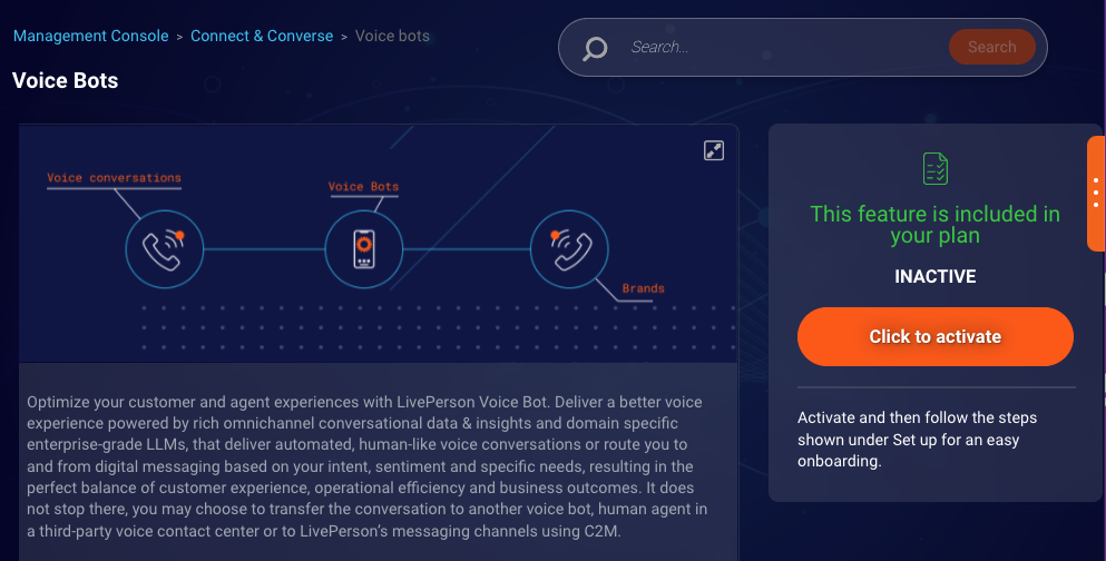 The Click to activate button to activate Voice bot features