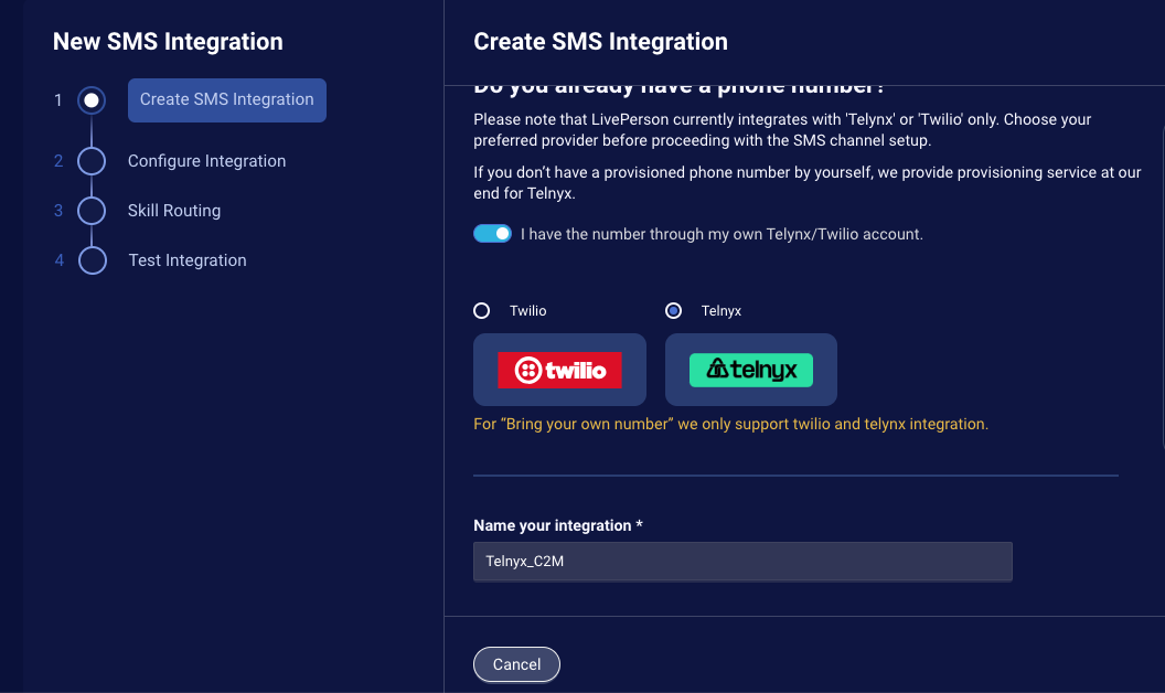 Step 1 in the wizard to create an SMS integration, where you select Telnyx as the provider