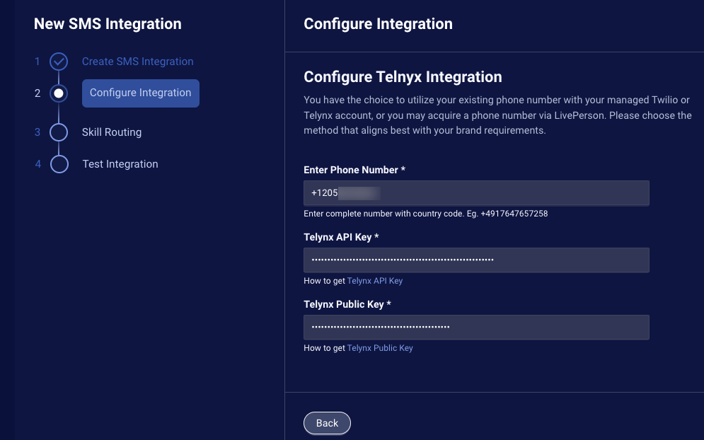 Step 2 in the wizard to create an SMS integration, where you enter the Telnyx number and API and public keys