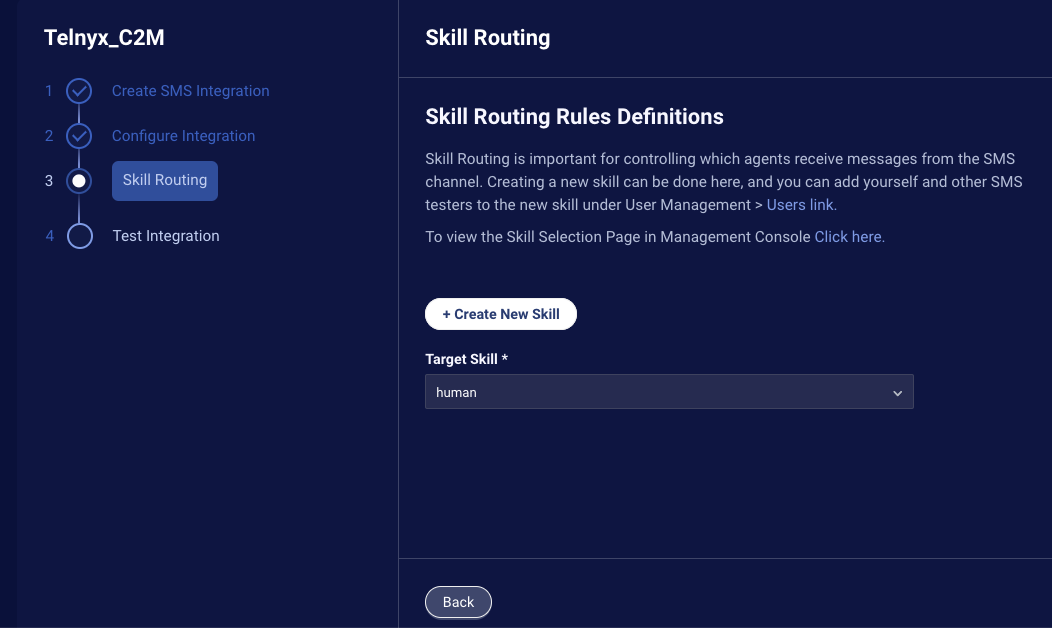 Step 4 in the wizard to create an SMS integration, where you specify the target skill
