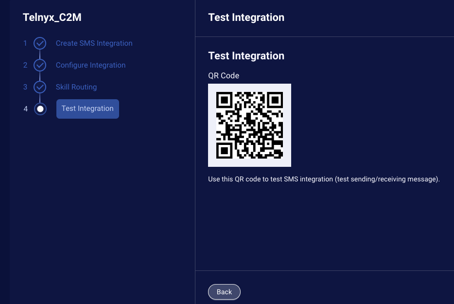 Step 5 in the wizard to create an SMS integration, where you test sending and receiving messages using the Telnyx number