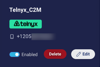 The tile representing the configured and active SMS integration, which you can use to edit, delete, and disable the integration