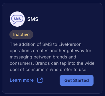 The SMS tile to select to begin the wizard for creating an SMS integration