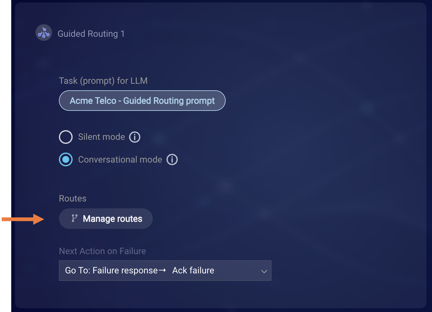 The Guided Routing interaction, with a callout to the button for accessing the UI for route creation and management