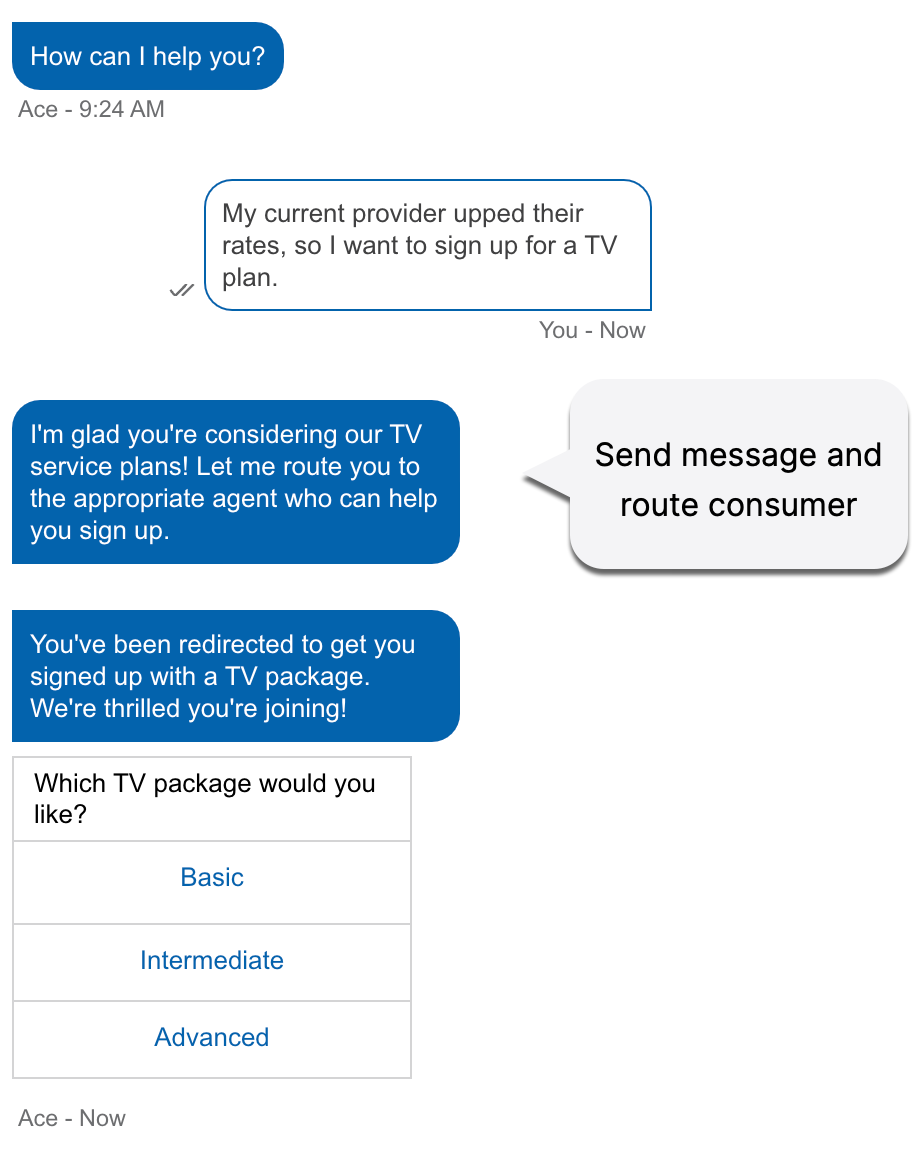 An example conversation in Conversational mode, where the bot sends a messaging acknowledging the consumer's intent and routes the consumer