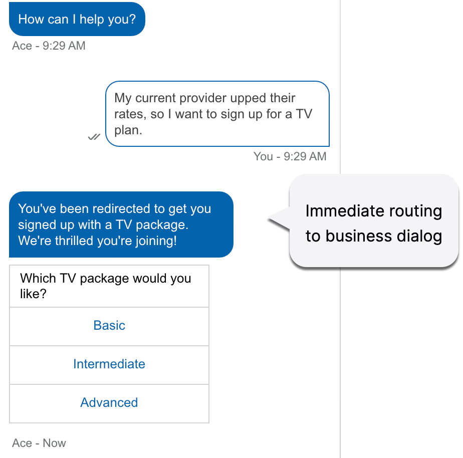An example conversation in Silent mode, where the bot routes the consumer without engaging in dialog