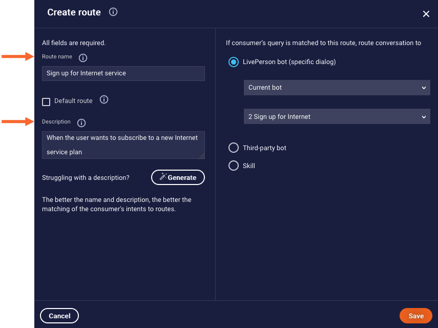 The Create Route dialog, with a callout to the fields for specifying the route's name and description