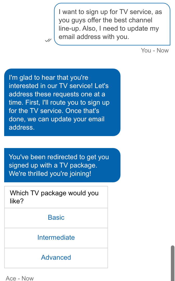 An example conversation where the consumer has multiple intents but the bot doesn't ask the consumer which to handle first; it routes the consumer to one