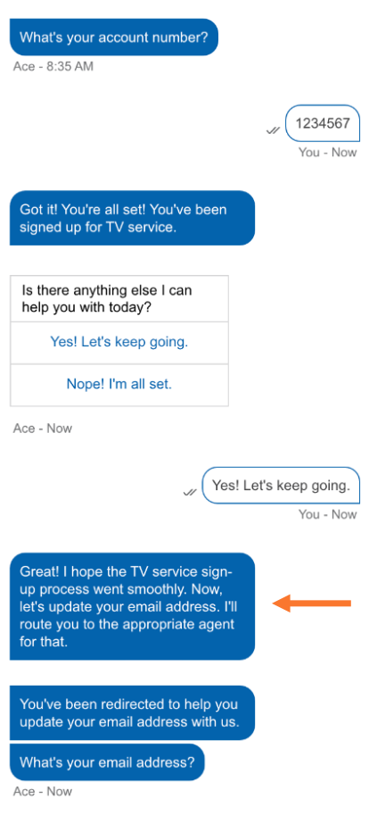 An example conversation where the bot remembers the consumer's next intent