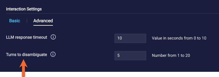 The Advanced tab of the interaction, which displays the Turns to disambiguate setting