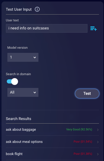 Test User Input tool showing a matched intent