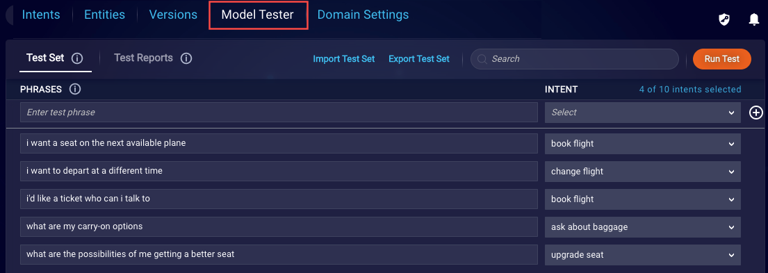Test Set tab of the Model Tester page
